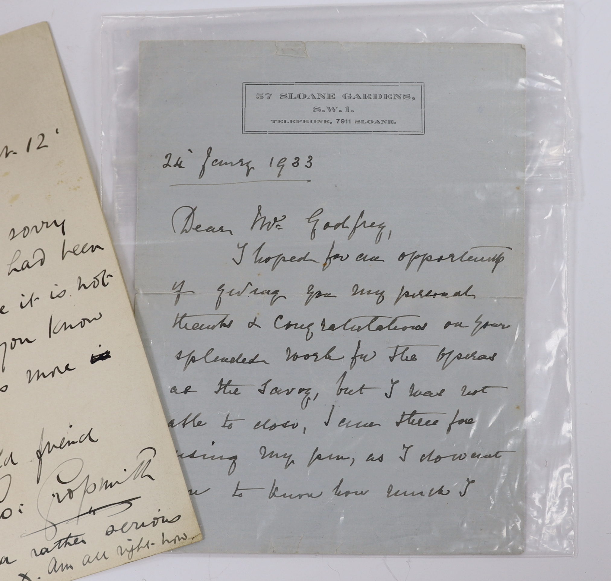 Three late 19th century Gilbert and Sullivan related letters; including a letter written by W.S. Gilbert dated 11th June ‘87, a letter from Lucy Gilbert dated 24th Jan 1933, and a letter to Sir Arthur Sullivan from Georg